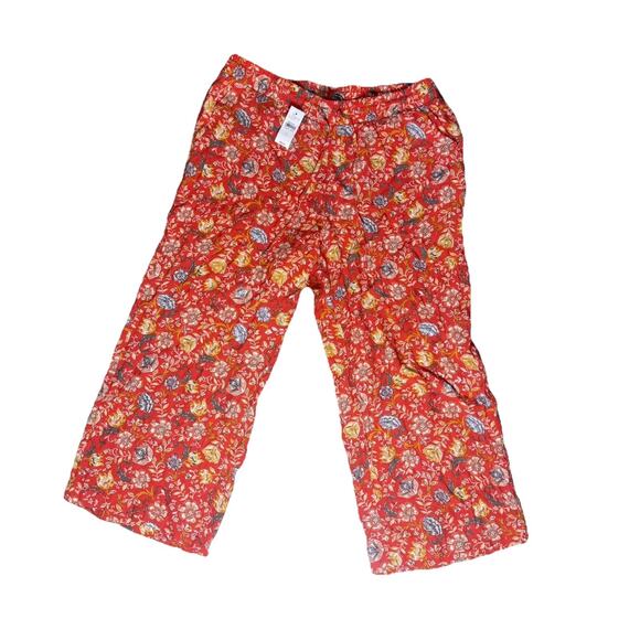 LOFT Floral Wide Leg Pants Red Multicolor Viscose NWT Size L Elastic Waist Boho - Picture 3 of 9